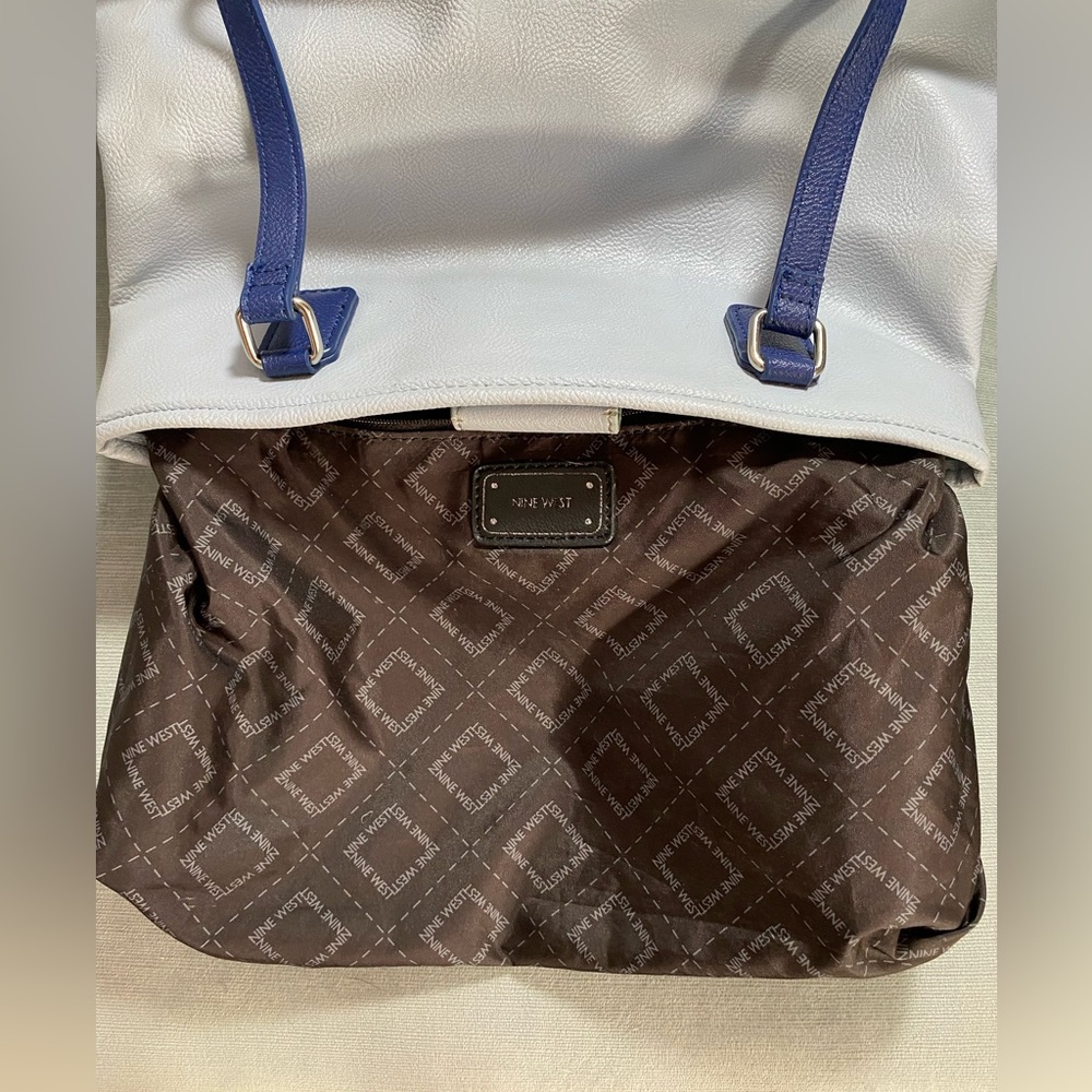 Nine West 2 shade blue vegan leather multi compartment shoulder bag14”x10”x5”EUC - Picture 7 of 16